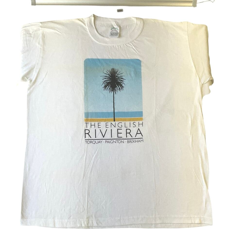 VINTAGE Unknown Brand Men Shirt Size XL White Graphic Print The English Riviera